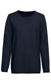 dunkelblauer Baumwoll-Pullover mit Rundhalsausschnitt und langen Ärmeln, schlichtes Design, eng anliegend, nahtlose Kanten am Saum und Ärmeln