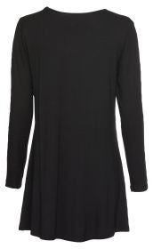 Damen Viskose-Mix-Shirt in Schwarz, langärmlig, hinten fotografiert, locker geschnitten, Rundhalsausschnitt, fließender Stoff, knieumspielend