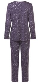 Baumwoll-Pyjama Set, lila Grundfarbe mit weißem Kreis-Muster, langärmliges Oberteil und lange Hose, Rückansicht, angenehmer Sitz, bequem und weich