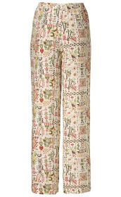 Viskose-Hose mit elastischem Bund, gerade geschnitten, cremefarben mit buntem, abstraktem ethnischem Muster in Rot, Grün, Blau und Braun, leichte, fließende Qualität, knöchellang