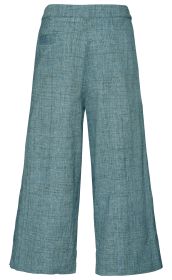 Baumwoll-Hose in Grau-Blau mit weitem Bein, hoher Taille, seitlichen Eingrifftaschen und rechter Gesäßtasche, leichte strukturierte Oberfläche