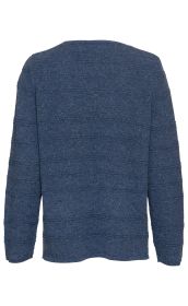 Rückansicht eines dunkelblauen Yak-Mix-Pullovers mit langem Arm, feiner Strickstruktur und leicht meliertem Muster, gerader Schnitt und eng anliegende Bündchen