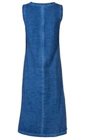 Blaues ärmelloses Baumwoll-Kleid, Rückansicht mit Reißverschluss, knielang, gerader Schnitt, strukturierter Stoff, schlichte formelle Sommerkleidung