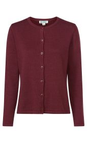 Leinen-Mix-Strickjacke in Bordeauxrot, rundhalsausschnitt, durchgehende Knopfleiste mit sechs Knöpfen, langärmlig, gerader Schnitt, schlichte und feine Strickstruktur