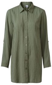 olivgrüne Viskose-Mix-Bluse mit Langarm, Knopfleiste vorne, strukturierter Längsstreifenoptik, Hemdblusenkragen und Manschetten, leger geschnitten