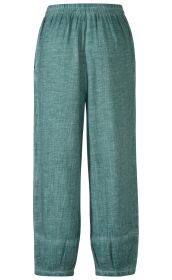 Grüne, locker geschnittene Baumwoll-Hose mit elastischem Bund und weiten, gerafften Hosenbeinen, leichter Textur und seitlichen Eingrifftaschen.