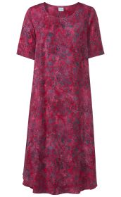 Rotes Viskose-Kleid mit schwarz-blauem Blumenmuster, halblangen Ärmeln und rundem Ausschnitt, gerade geschnitten und knielang