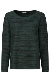 Dunkelgrüner Damenpullover mit schwarzem Melange-Muster, Rundhalsausschnitt und langen Ärmeln, aus gestricktem Material