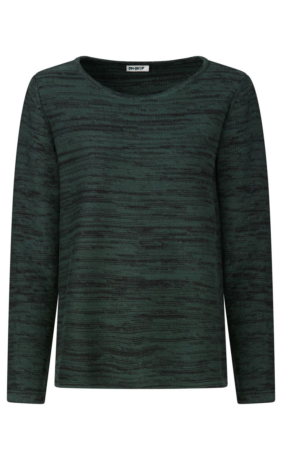 Dunkelgrüner Damenpullover mit schwarzem Melange-Muster, Rundhalsausschnitt und langen Ärmeln, aus gestricktem Material
