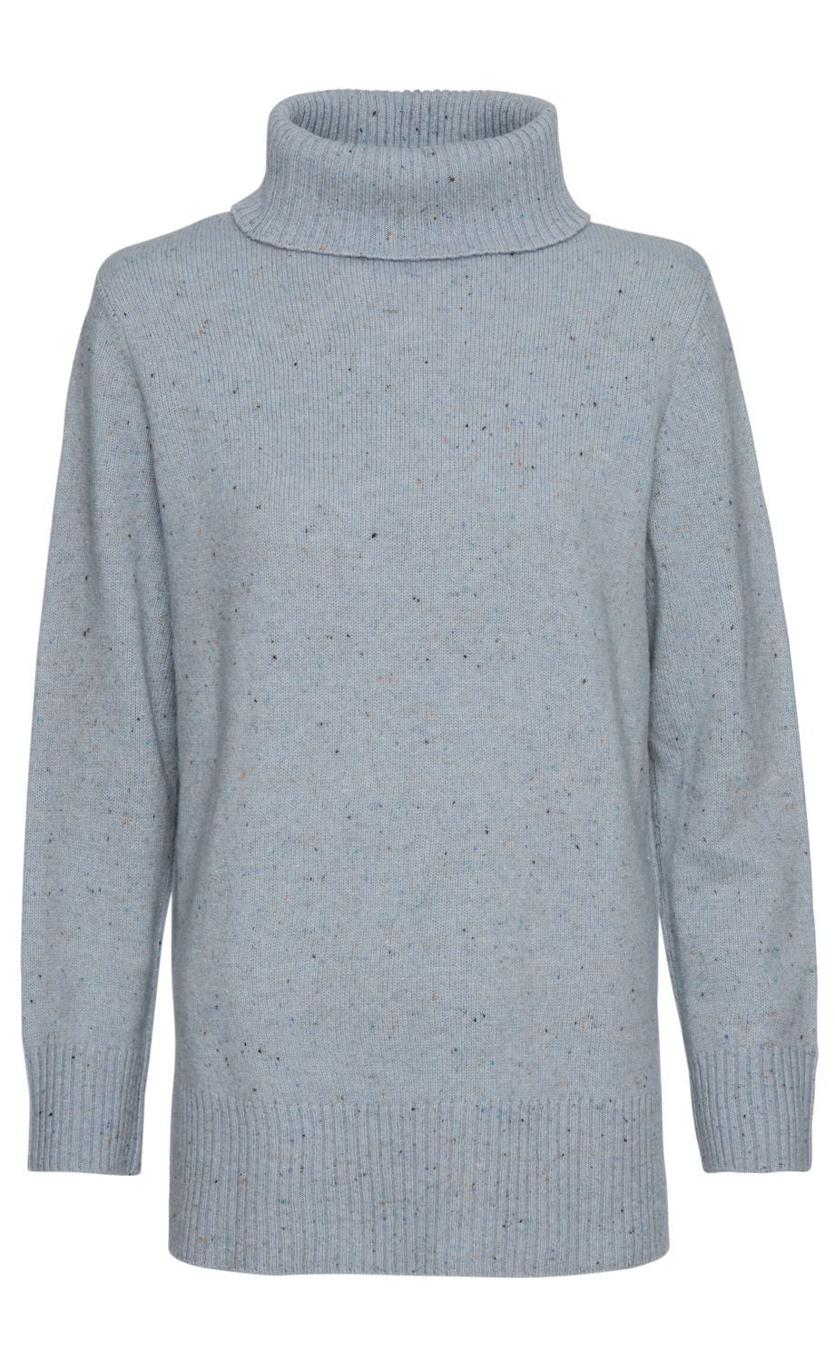 hellblauer Rollkragenpullover aus grob gestricktem Material mit leichtem Strukturmuster, langen Ärmeln, geripptem Bund und Ärmelsäumen, unisex-Design