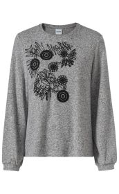 graues Viskose-Mix-Shirt mit langem Arm, rundem Halsausschnitt und schwarzem abstraktem Blumenmuster vorne, lockere Passform, Bündchen an den Ärmeln