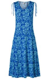 Ärmelloses, blaues Viskose-Mix-Kleid mit floralem hellblauem Muster, V-Ausschnitt und verstellbaren Trägerbändern an den Schultern, ausgestellter Rock, knielang