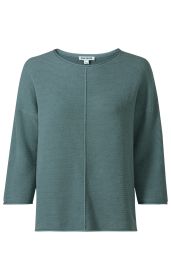 baumwoll-pullover in taubengrau, strukturierter stoff, rundhalsausschnitt, 3/4-ärmelig, lockere passform, mittige naht vorne, schlichtes design