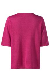 Leinen-Mix-Pullover in Pink, kurzärmlig, gerader Schnitt, aus fein gestricktem Material, Rückansicht, mit Rundhalsausschnitt und seitlichem Schlitz am Saum