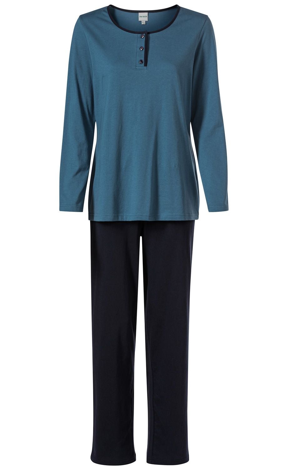 Baumwoll-Pyjama Set bestehend aus blaugrünem Langarmshirt mit drei Knöpfen am Rundhalsausschnitt und schwarzen, geraden langen Hosen, schlicht und bequem designed
