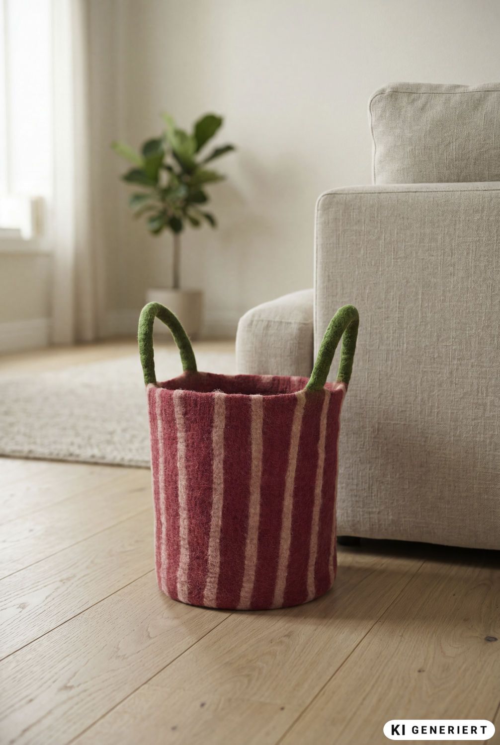Filz-Korb mit roten und hellen senkrechten Streifen, zwei grüne Henkel, steht auf hellem Holzboden neben einem beigen Sofa, im Hintergrund unscharfe Zimmerpflanze und helles Fenster mit Vorhang