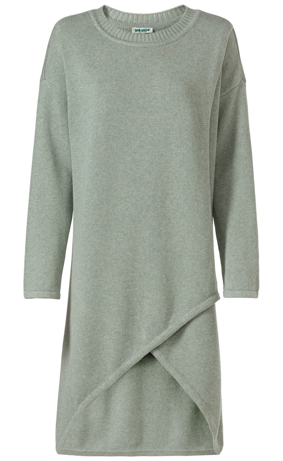 Baumwoll-Mix-Kleid in Grau-Grün mit Rundhalsausschnitt, langen Ärmeln und asymmetrischem, überlappendem Saumabschluss vorne, legerer Schnitt, weiche Strickqualität