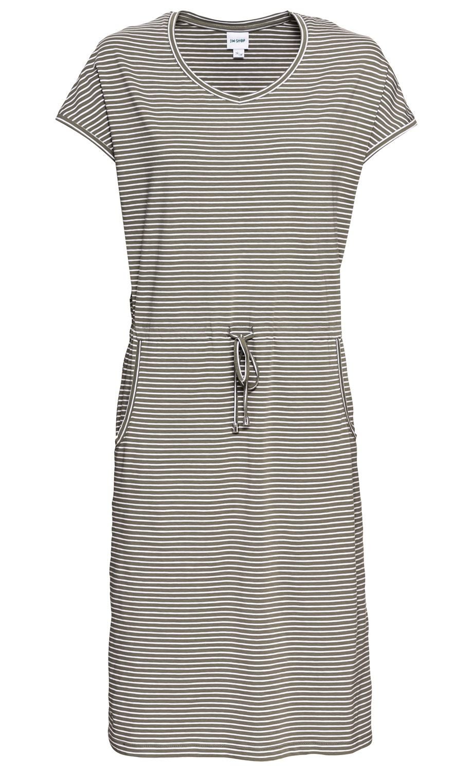 Baumwoll-Mix-Kleid mit kurzen Ärmeln, V-Ausschnitt, Tunnelzug in der Taille und zwei seitlichen Taschen, olivgrün mit weißen Horizontalstreifen