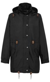 schwarze Baumwoll-Jacke mit Kapuze, Frontdruckknöpfen, zwei aufgesetzten Taschen mit Klappe, verstellbare Kordelzüge mit braunen Ösen an Kapuze, Taille und Saum, elastische Bündchen an den Ärmeln