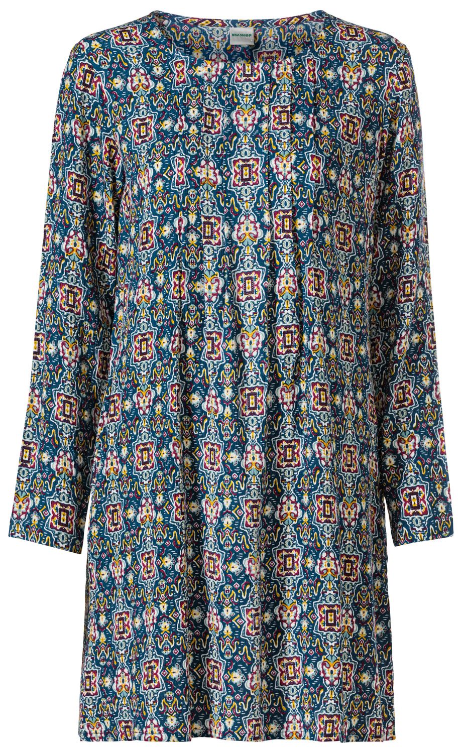 Viskose-Kleid mit langen Ärmeln, rundem Ausschnitt und farbenfrohem geometrischem Muster in Blau, Weiß, Gelb und Rot.