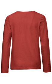 Rückansicht eines klassischen Baumwoll-Mix-Shirts in rostrot mit langem Arm und rundem Halsausschnitt, glatter Oberfläche, schmaler Passform, ohne Muster oder Aufdrucke, schlicht und casual gestaltet