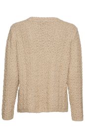 Beiger Alpaka-Mix-Pullover mit langer Raglanärmeln, strukturierter Strickoptik und Rundhalsausschnitt, Rückansicht, warme und kuschelige Optik, feine Muster in diagonal-vertikaler Anordnung