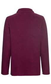 Baumwoll-Fleece-Jacke in dunklem Bordeauxrot, Rückansicht, langärmlig, mit einfachem Kragen, weiche Textur, gerade geschnittener Saum, ohne sichtbare Verzierungen oder Muster.