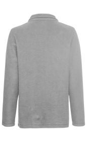 Baumwoll-Fleece-Jacke in Hellgrau, Rückansicht, mit langem Arm, Stehkragen und schlichter, weicher Oberfläche, ohne sichtbare Verschlüsse oder Muster.