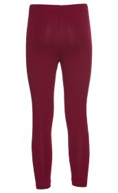 Rückansicht einer eng anliegenden, dunkelroten Viskose-Mix-Leggins mit elastischem Bund, ohne Muster oder Verzierungen, durchgehend einfarbig.