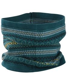 Baumwoll-Mix-Schal in dunklem Türkis mit buntem Norweger- und Zickzackmuster in Hellblau, Dunkelbraun und Senfgelb, runder Schlauchschal aus weichem, gestricktem Material