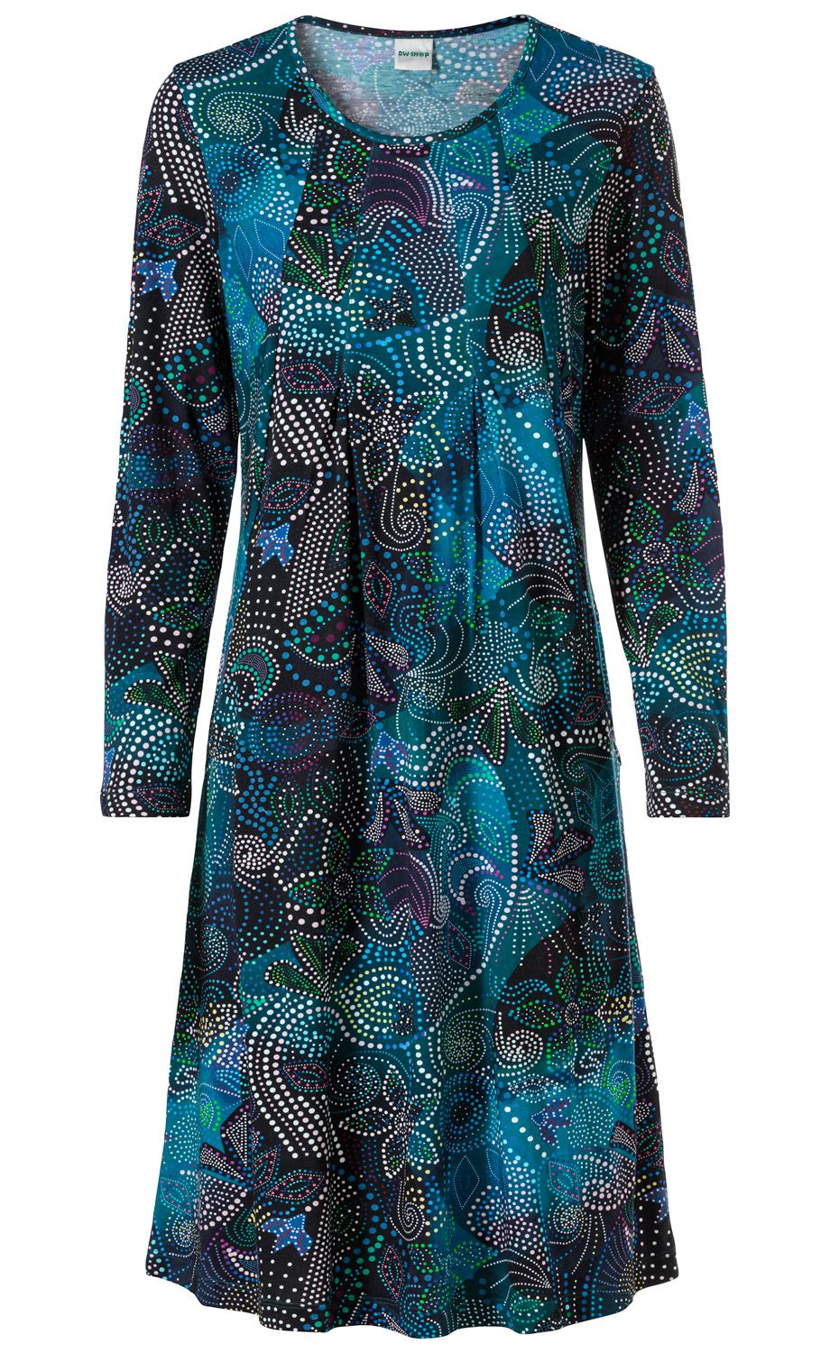 Baumwoll-Mix-Kleid mit langem Arm, Rundhalsausschnitt, A-Linie, abstraktem Tupfen- und Blumenmuster in Blau-, Grün- und Schwarztönen, locker sitzend, leichte Falten am Brustbereich