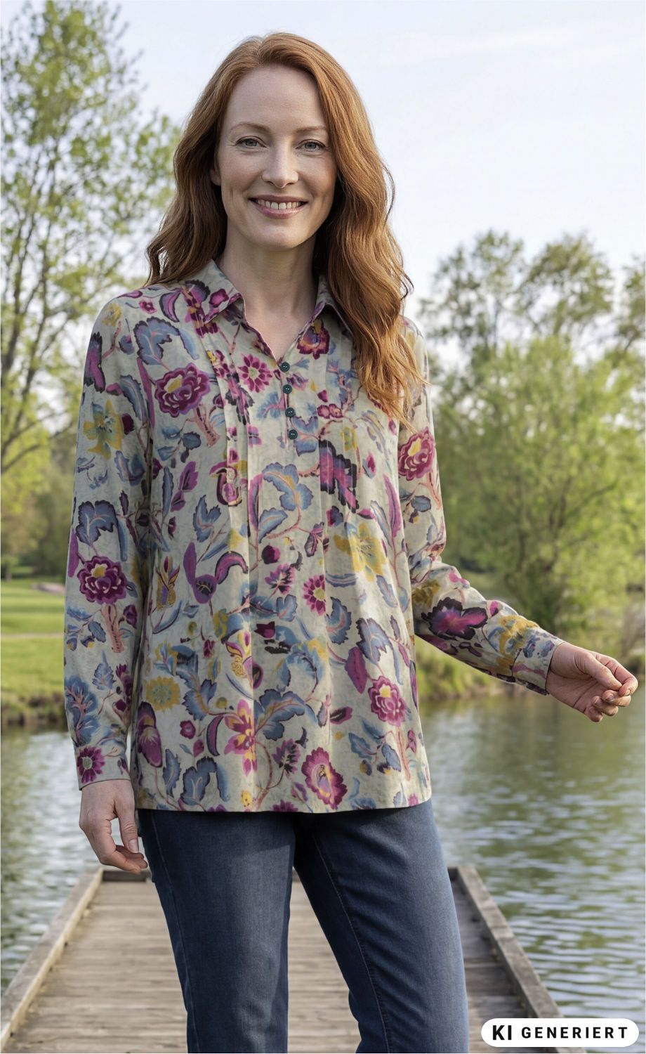 Frau mit roten Haaren trägt langärmlige Modal-Bluse mit buntem floralem Muster, steht auf Steg an einem See, trägt blaue Jeans, im Hintergrund Bäume und grünes Ufer in natürlicher Umgebung