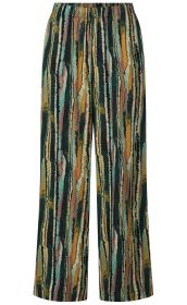weite Hose mit hohem Bund, abstraktes Muster in Wellenlinien und senkrechten Streifen, Farben grün, rosa, senfgelb, hellblau und schwarz, leichte Stoffstruktur, locker geschnitten