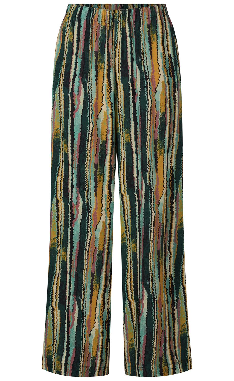 weite Hose mit hohem Bund, abstraktes Muster in Wellenlinien und senkrechten Streifen, Farben grün, rosa, senfgelb, hellblau und schwarz, leichte Stoffstruktur, locker geschnitten