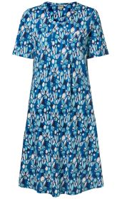 Blaues Viskose-Mix-Kleid mit kurzem Arm, Rundhalsausschnitt und abstraktem Muster in Weiß und Türkis, knielang und locker fallend