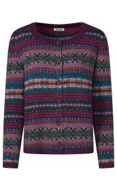 Strickjacke mit rundem Halsauschnitt, durchgehender Knopfleiste, gemustertem Fair-Isle-Design in Dunkellila, Blau, Grün, Rot und Beige, lange Ärmel, schmaler Bund am Saum und Ärmeln