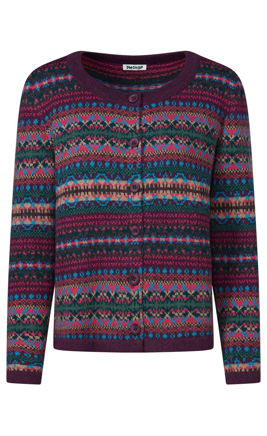 Strickjacke mit rundem Halsauschnitt, durchgehender Knopfleiste, gemustertem Fair-Isle-Design in Dunkellila, Blau, Grün, Rot und Beige, lange Ärmel, schmaler Bund am Saum und Ärmeln
