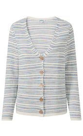 Baumwoll-Strickjacke in Cremeweiß mit mehrfarbigen horizontalen Streifen, V-Ausschnitt, langen Ärmeln und fünf braunen Holzknöpfen, gerippte Saum- und Ärmelabschlüsse
