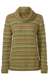 Alpaka-Pullover mit Rollkragen, gestrickt in grün, beige und braun mit farbigen Musterrippen, langärmlig, leicht tailliert, feine Wolle, warme und gemütliche Textur