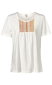 weißes Baumwoll-Shirt mit kurzem Arm, rundem Halsausschnitt und senkrechtem, farbigem Muster in Orange, Braun und Gelb auf der Brust, lockere Passform