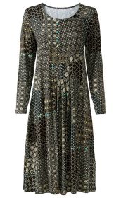 Viskose-Mix-Kleid mit langem Arm, rundem Ausschnitt, knieumspielender Länge, gemustert mit geometrischen und floralen Motiven in Schwarz, Beige, Braun und Türkis, locker fallend