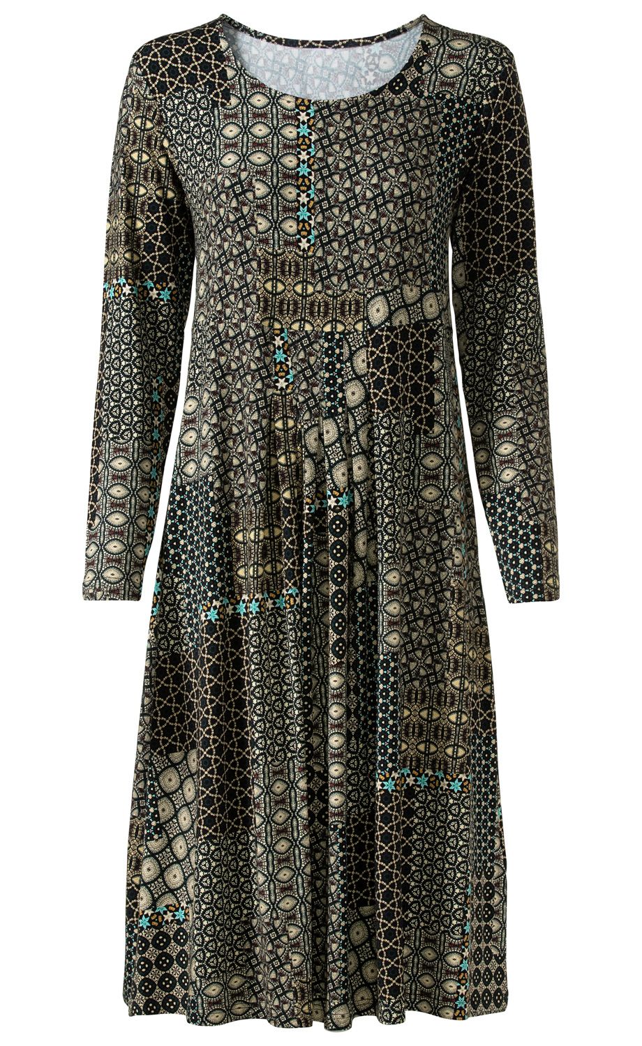 Viskose-Mix-Kleid mit langem Arm, rundem Ausschnitt, knieumspielender Länge, gemustert mit geometrischen und floralen Motiven in Schwarz, Beige, Braun und Türkis, locker fallend