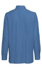 Baumwoll-Bluse in Blau mit dunkelblauen senkrechten Streifen, Langarm, geknöpfte Manschetten, Rückansicht, klassischer Kragen, gerade Passform, schlichtes Design