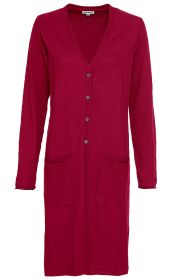 rote lange Baumwoll-Jacke mit V-Ausschnitt, Knopfleiste, langen Ärmeln und zwei aufgesetzten Taschen vorne