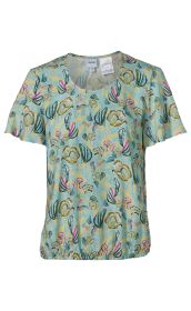 Damen Viskose-Bluse in Hellblau mit kurzärmligem Schnitt, Rundhalsausschnitt und floralem Muster in Gelb, Grün, Dunkelgrün und Pink, mit elastischem Saumabschluss