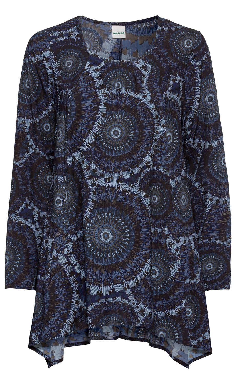 Viskose-Tunika mit langem Arm, Rundhalsausschnitt und asymmetrischem Saum, dunkelblau mit mandala-artigem Muster in Blautönen und Schwarz