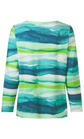 Baumwoll-Mix-Shirt mit langen Ärmeln, Rückansicht, gemustert mit breiten horizontalen Streifen in verschiedenen Blau- und Grüntönen auf weißem Hintergrund.