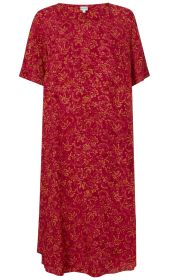 rotes Viskose-Kleid mit kurzem Ärmel, lockerem Schnitt und gelbem floralem Muster, Rundhalsausschnitt, knielang