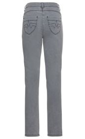 Hellgraue Baumwoll-Mix-Hose mit geradem Bein, zwei Taschen auf der Rückseite mit dekorativer dunkelgrauer Naht, hoher Bund und Gürtelschlaufen, schlichtes Design ohne weitere Verzierungen.