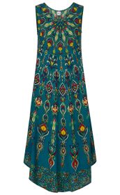 Ärmelloses Viskose-Kleid in Blau mit mehrfarbigem, floralen und ornamentalen Muster, asymmetrischem Saum und rundem Ausschnitt